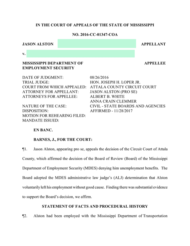 Court Of Appeals Case Jason Alston V. Mississippi Department Of Employment Security screenshot