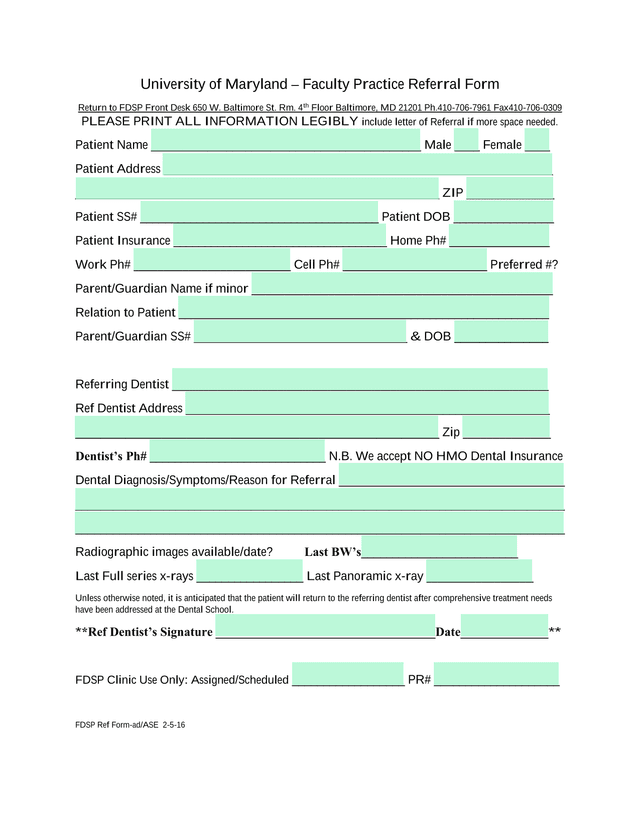 University Of Maryland  Faculty Practice Referral Form screenshot
