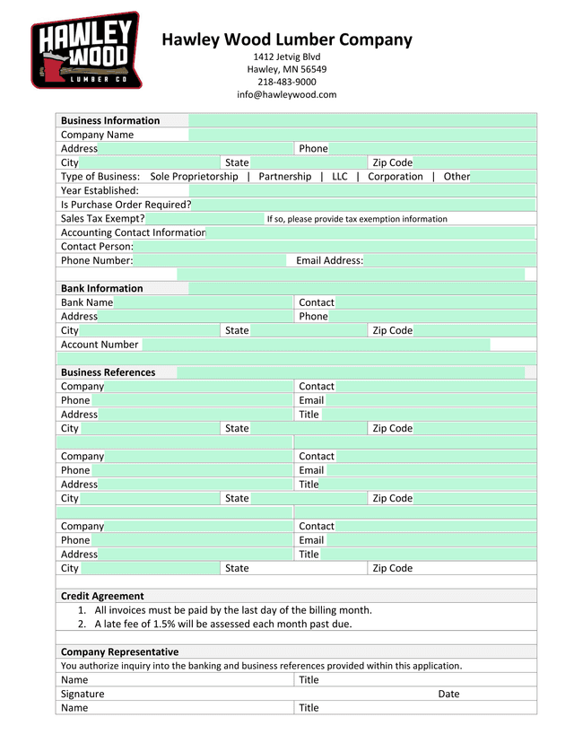 Hawley Wood Lumber Company Business Information Form screenshot