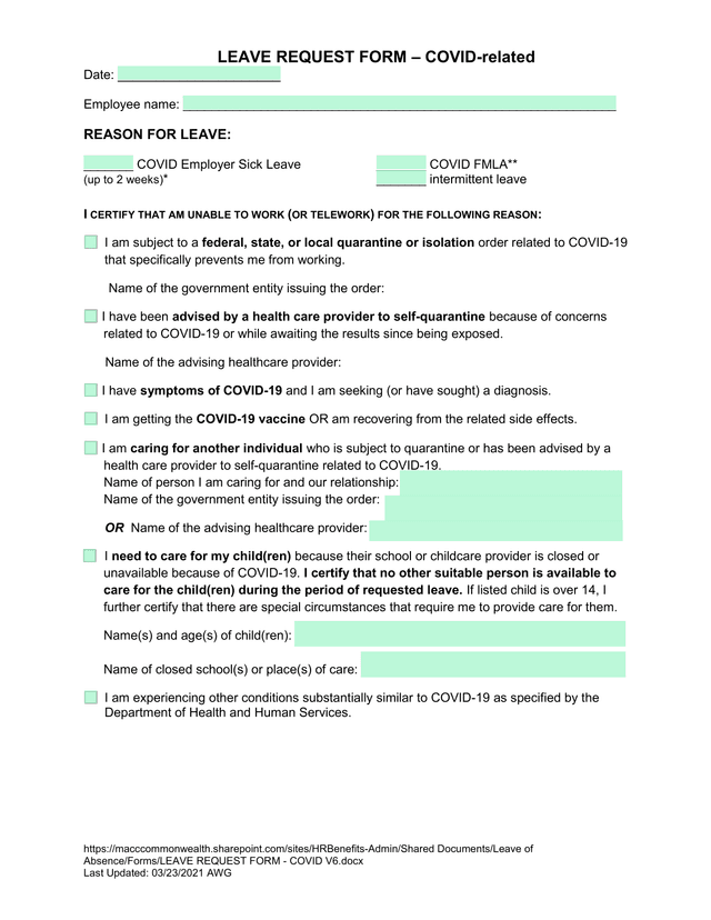 LEAVE REQUEST FORM  COVID Related screenshot