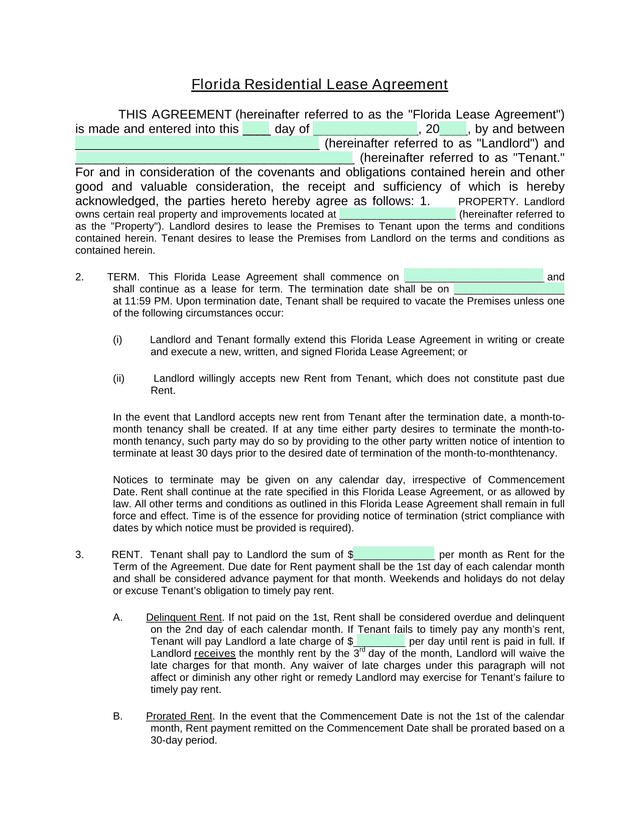 Florida Residential Lease Agreement screenshot