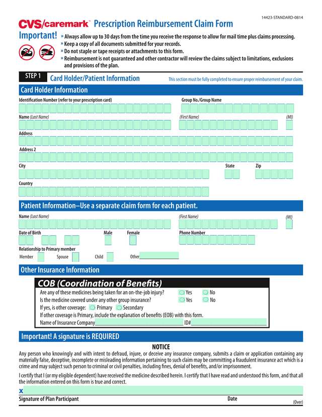 Prescription Reimbursement Claim Form screenshot
