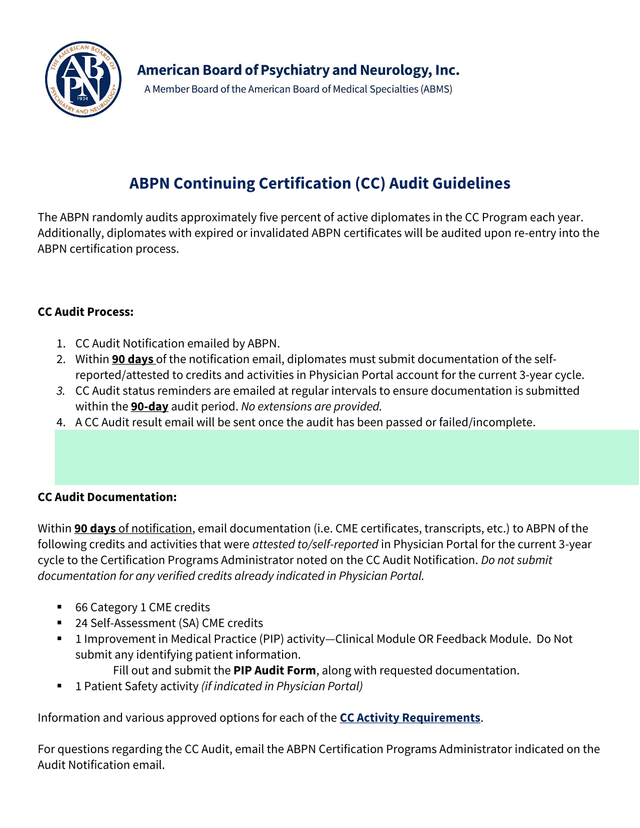 ABPN Continuing Certification (CC) Audit Guidelines screenshot