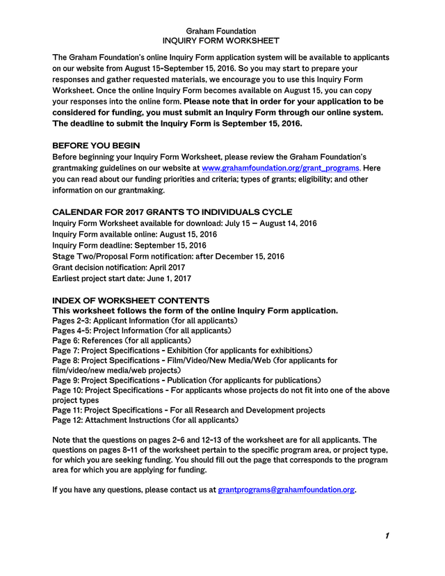 Graham Foundation INQUIRY FORM WORKSHEET screenshot