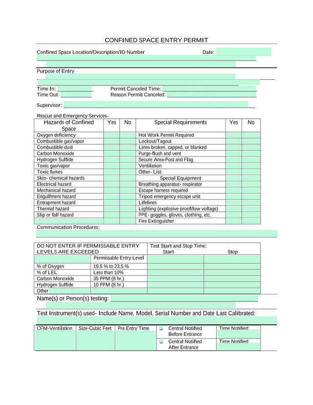 Confined Space Entry Permit screenshot