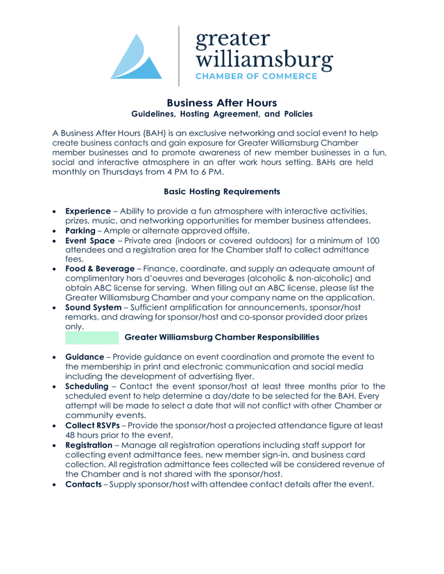 Business After Hours Guidelines, Hosting Agreement, And Policies screenshot