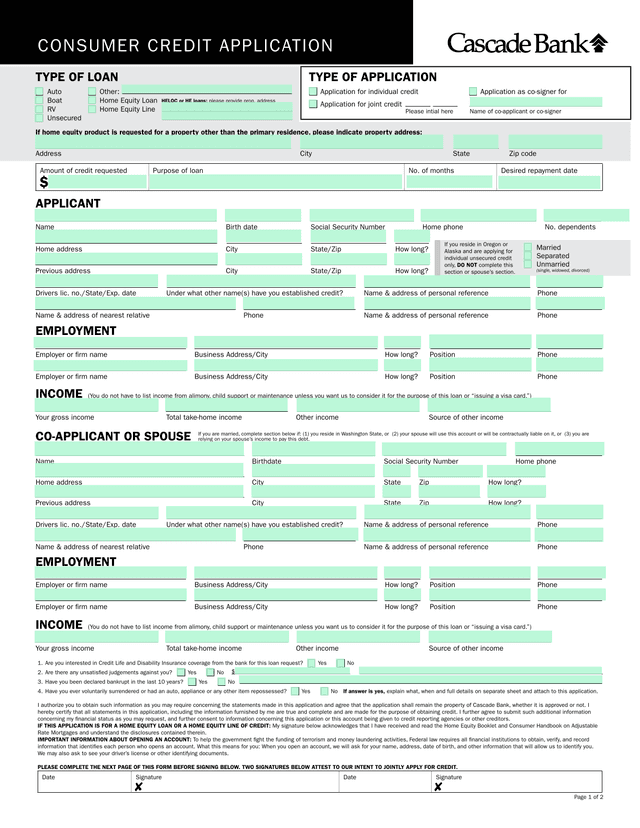 Consumer Credit Application screenshot