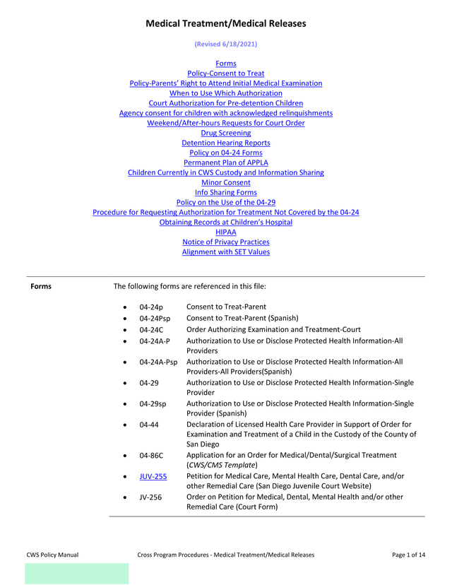 CWS Policy Manual   Cross Program Procedures   Medical TreatmentMedical Releases screenshot