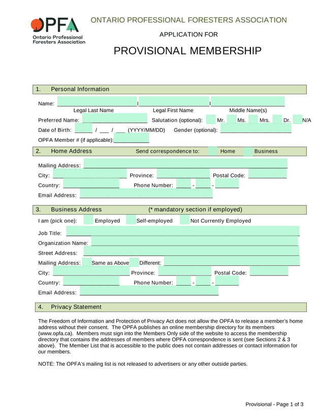 Application For Provisional Membership screenshot