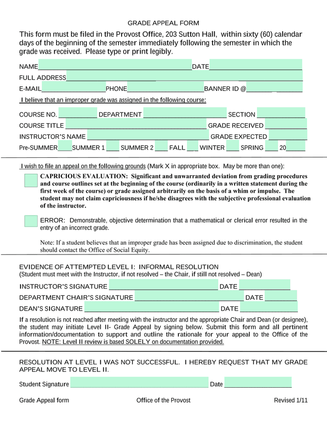 Grade Appeal Form screenshot