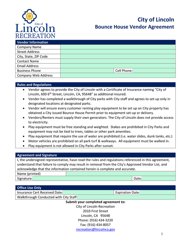 Bounce House Vendor Agreement screenshot