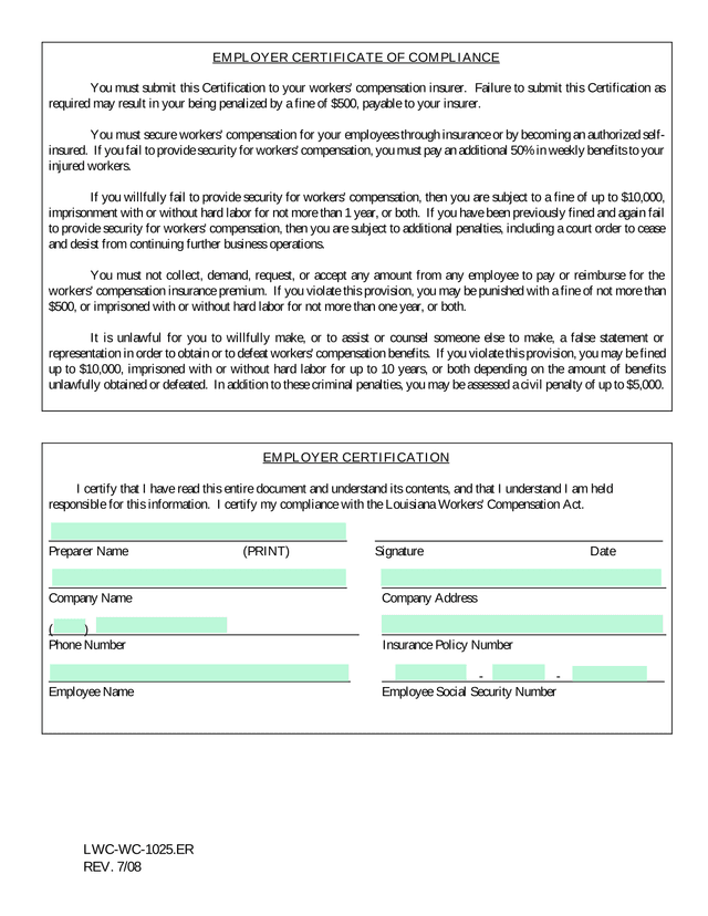 Employer Certificate Of Compliance screenshot