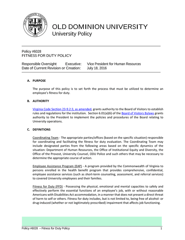 Policy 6028  Fitness For Duty Policy screenshot