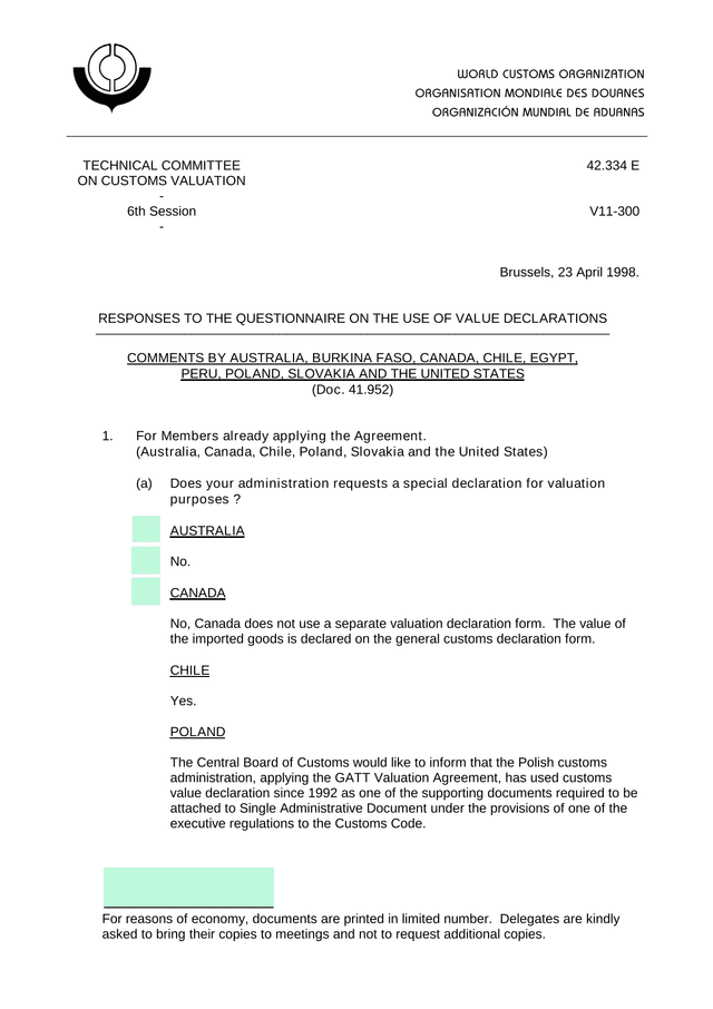 Responses To The Questionnaire On The Use Of Value Declarations screenshot