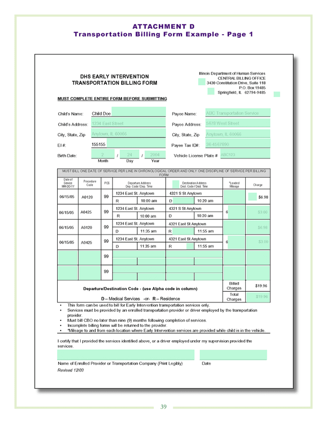 Transportation Billing Form Example screenshot