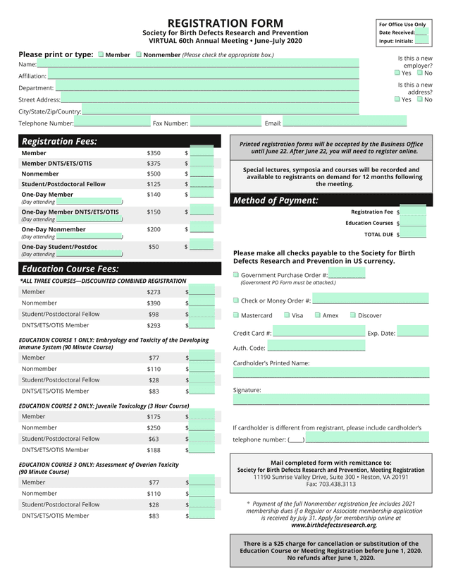 Society For Birth Defects Research And Prevention Conference Registration Form screenshot
