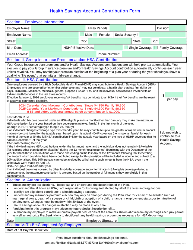 Health Savings Account (HSA) Contribution Form screenshot