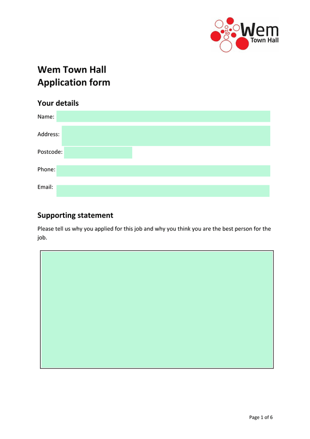 Wem Town Hall Application Form screenshot