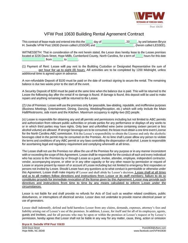 VFW Post 10630 Building Rental Agreement Contract screenshot