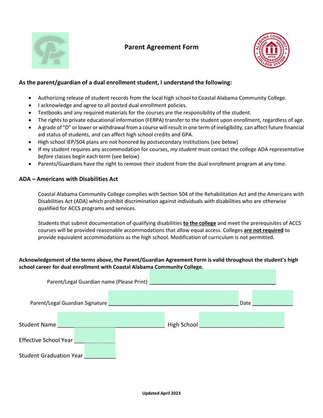 Parent Agreement Form screenshot