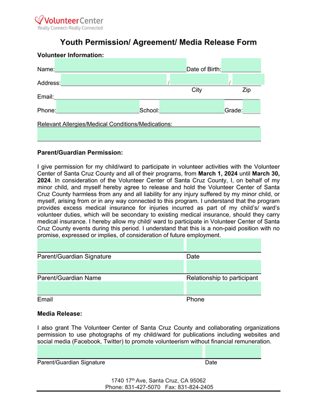 Youth Permission Agreement Media Release Form screenshot