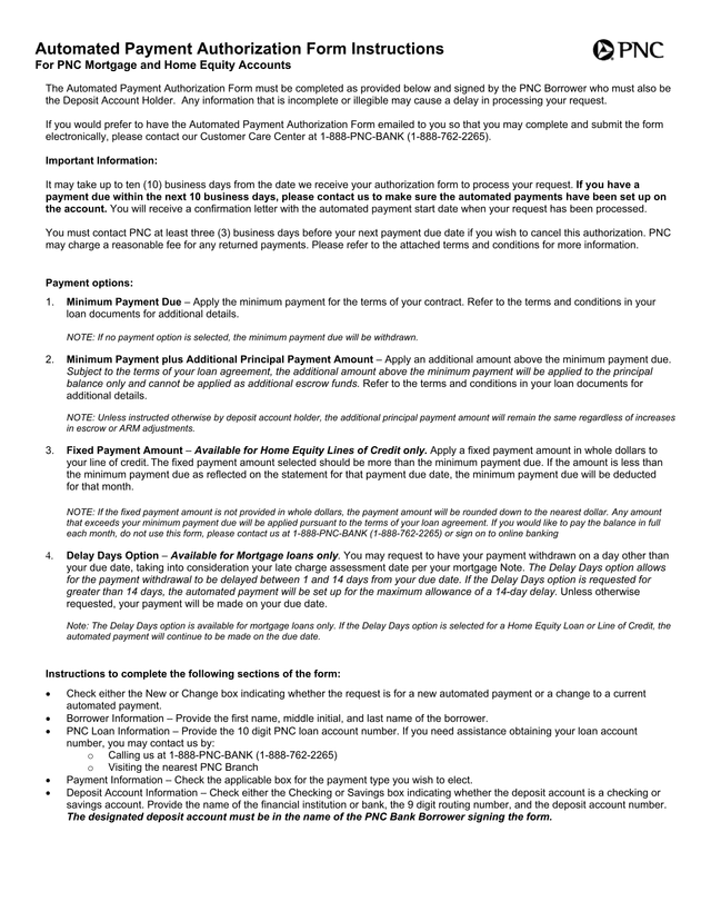 Automated Payment Authorization Form Instructions For PNC Mortgage And Home Equity Accounts screenshot