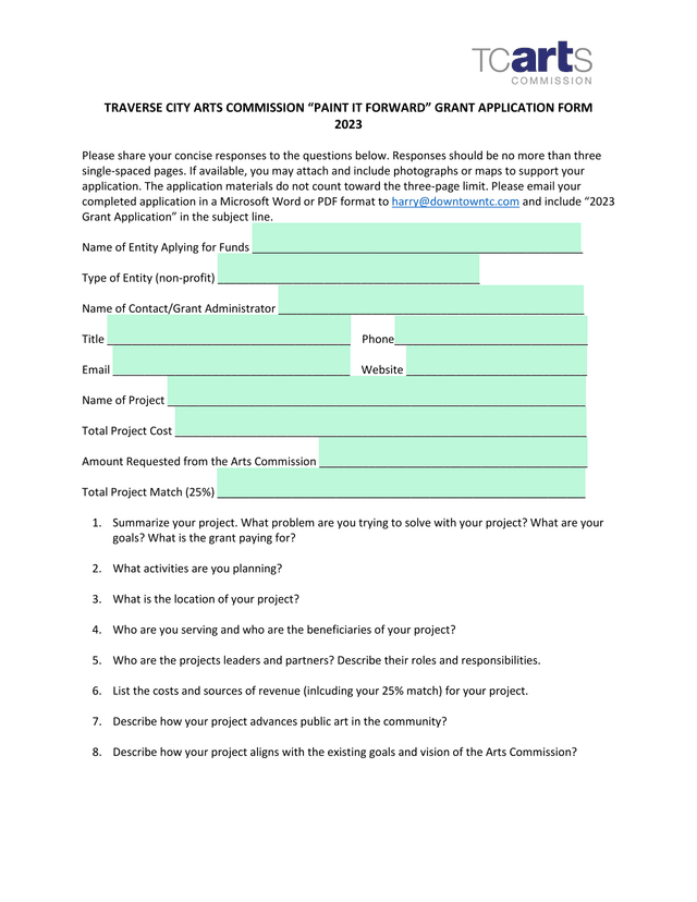 TRAVERSE CITY ARTS COMMISSION PAINT IT FORWARD GRANT APPLICATION FORM screenshot