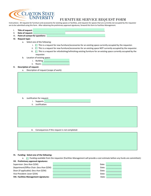 FURNITURE SERVICE REQUEST FORM screenshot