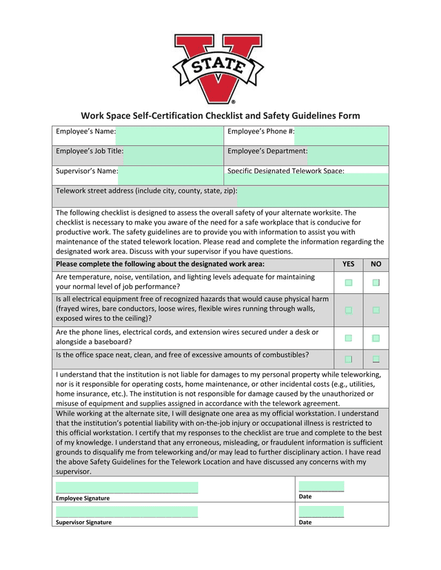 Work Space Self Certification Checklist And Safety Guidelines Form screenshot