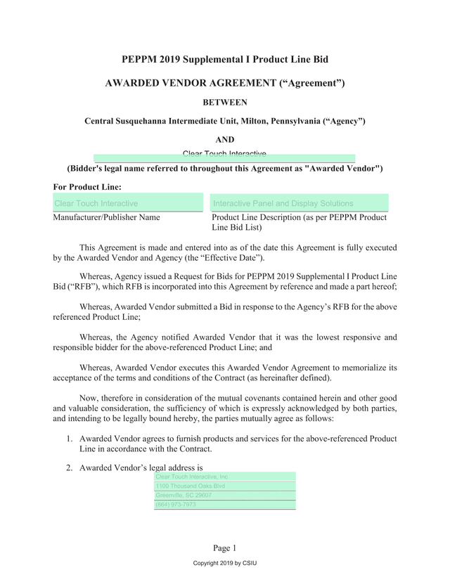 PEPPM 2019 Supplemental I Product Line Bid Awarded Vendor Agreement screenshot