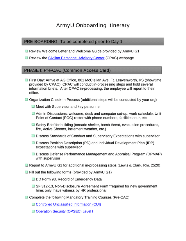 ArmyU Onboarding Itinerary screenshot