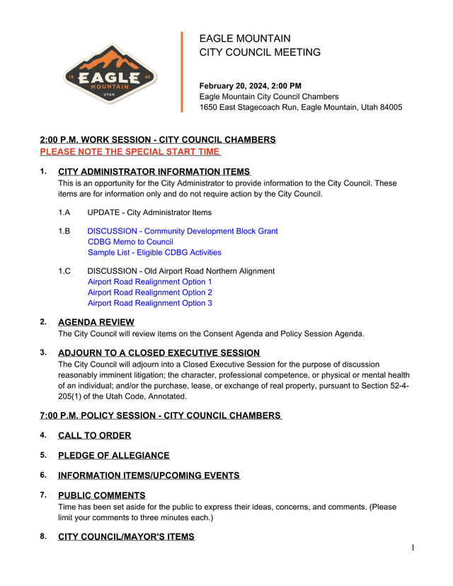 Eagle Mountain City Council Meeting Agenda screenshot