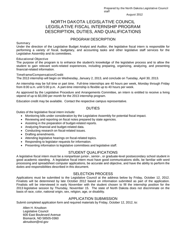 North Dakota Legislative Council Legislative Fiscal Internship Program screenshot