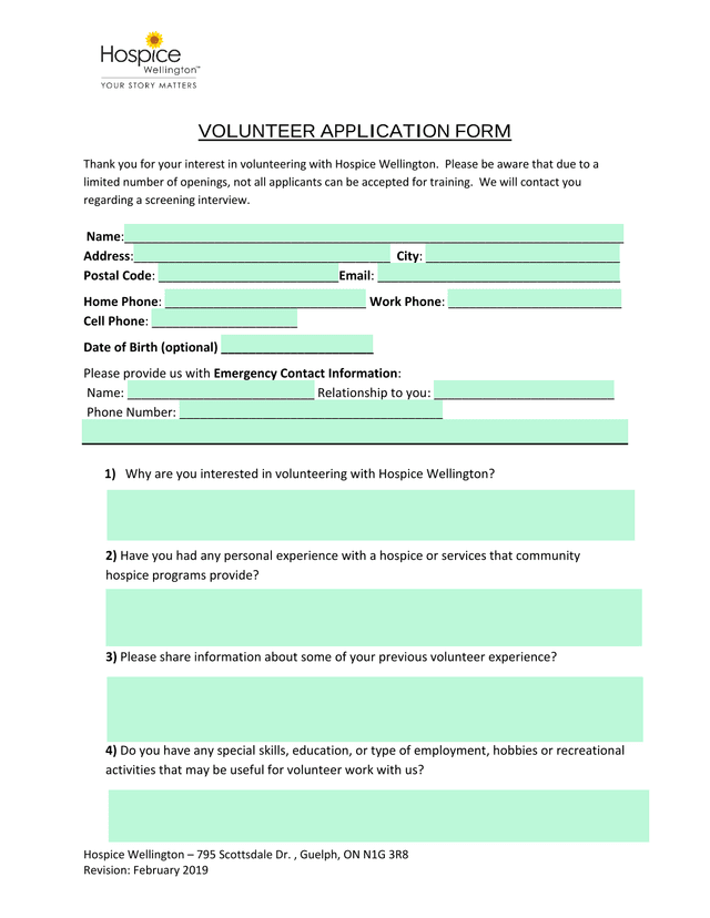 Hospice Wellington Volunteer Application Form screenshot