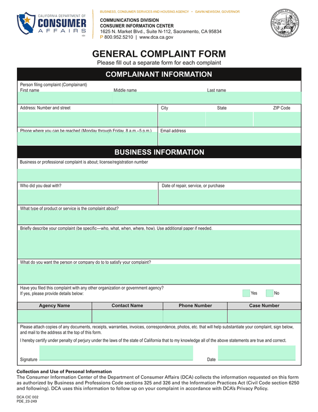 General Complaint Form screenshot