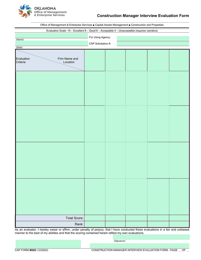 CAP FORM M202 Construction Manager Interview Evaluation Form screenshot