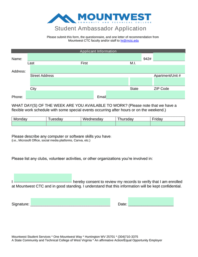 Student Ambassador Application screenshot