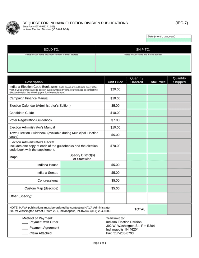 REQUEST FOR INDIANA ELECTION DIVISION PUBLICATIONS screenshot