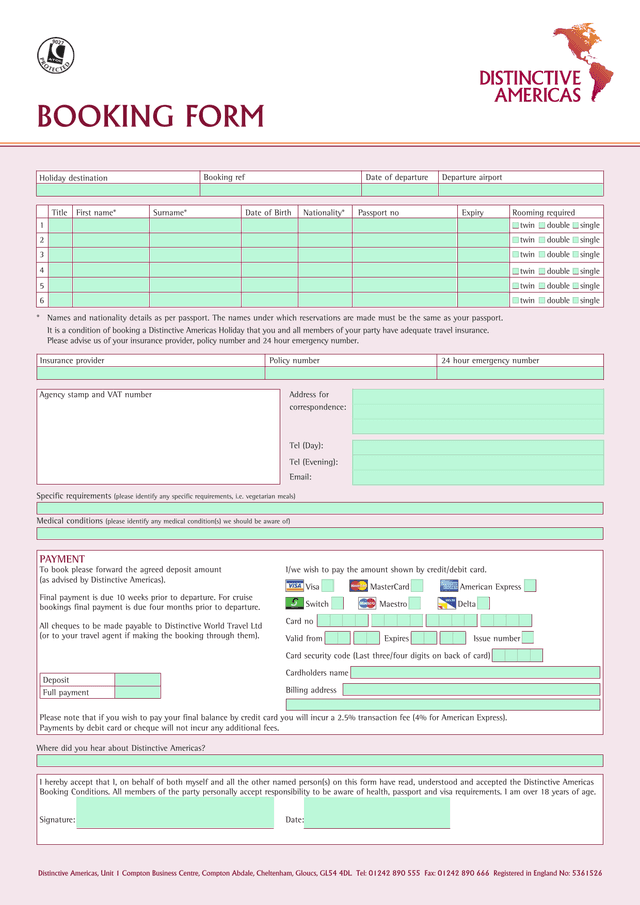Distinctive Americas Holiday Booking Form screenshot