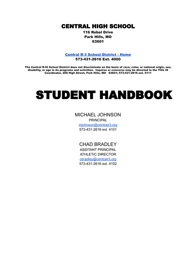 Central High School Student Handbook screenshot