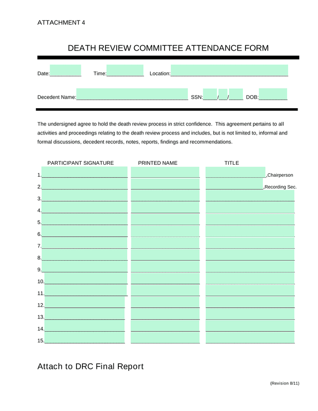 Death Review Committee Attendance Form screenshot