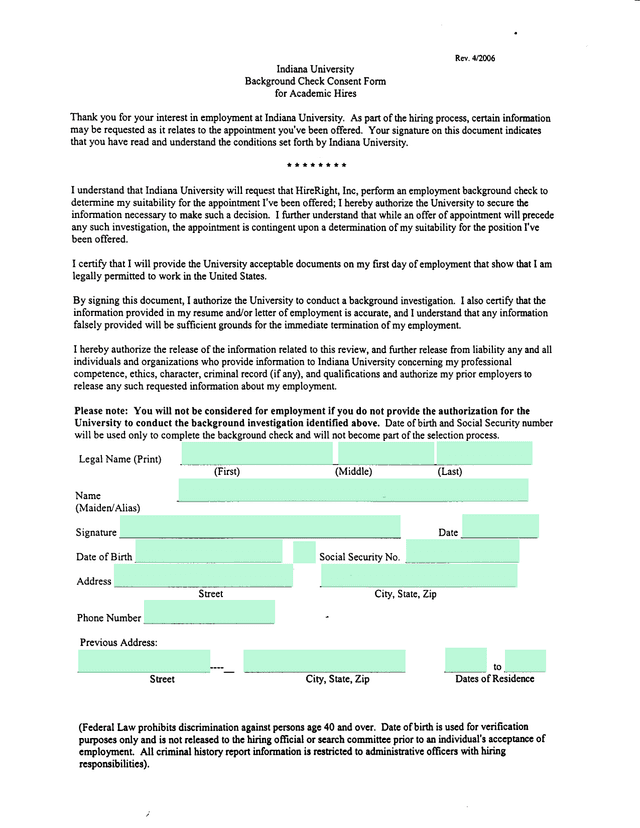 Background Check Consent Form For Academic Hires screenshot