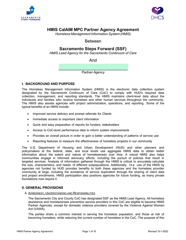 HMIS CalAIM MPC Partner Agency Agreement screenshot