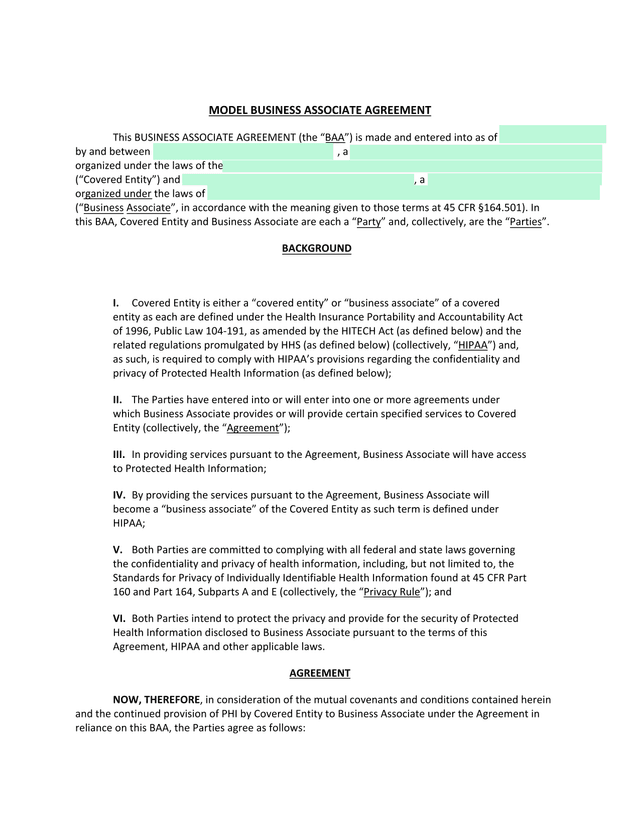Model Business Associate Agreement screenshot