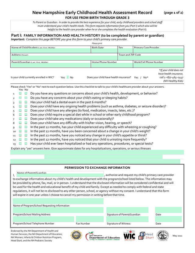 New Hampshire Early Childhood Health Assessment Record screenshot