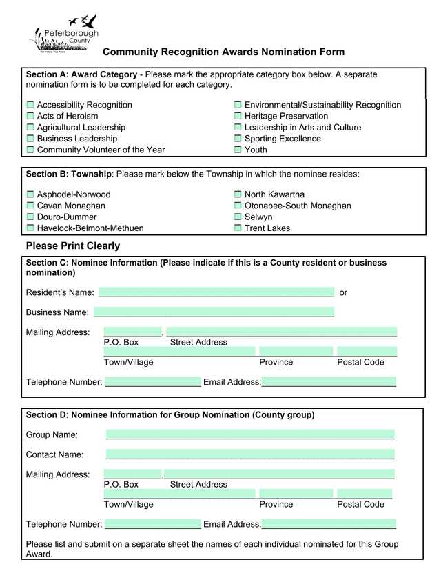 Community Recognition Awards Nomination Form screenshot