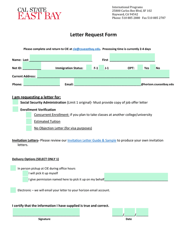 Letter Request Form screenshot