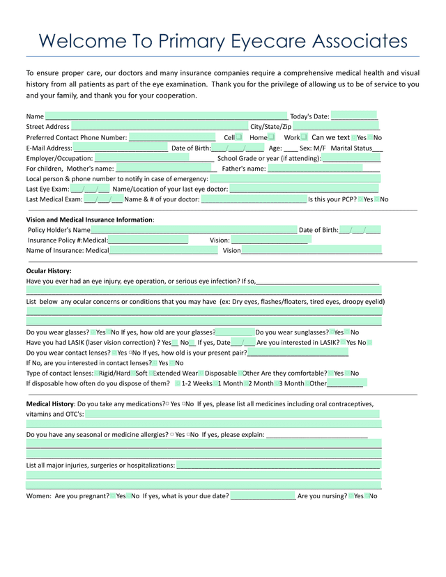 Primary Eyecare Associates Patient Form screenshot