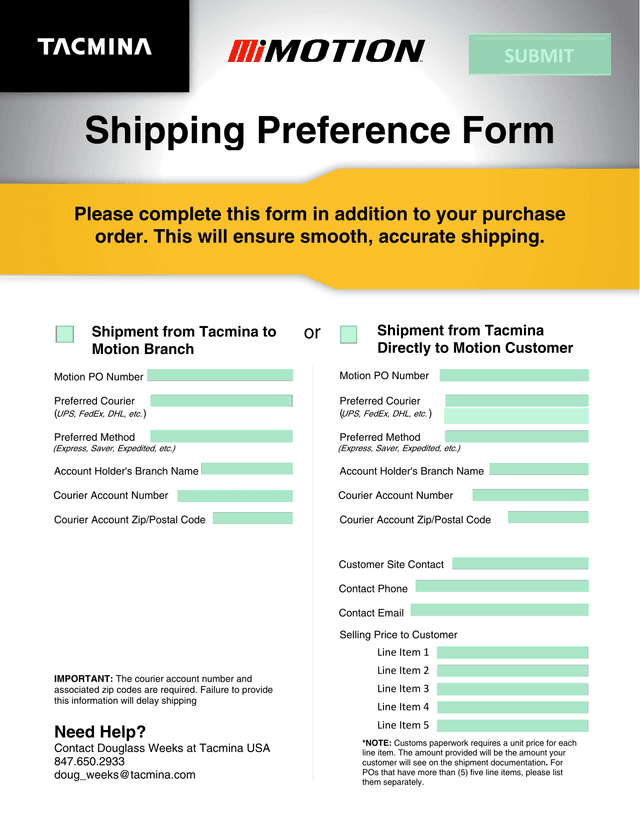 Shipping Preference Form screenshot
