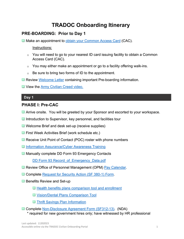 TRADOC Onboarding Itinerary screenshot
